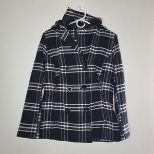 INTL Peacoat Women's Small Black White Winter Plaid Clueless Hood Pockets Stripe